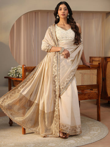 Ivory Solid Silk Blend Saree