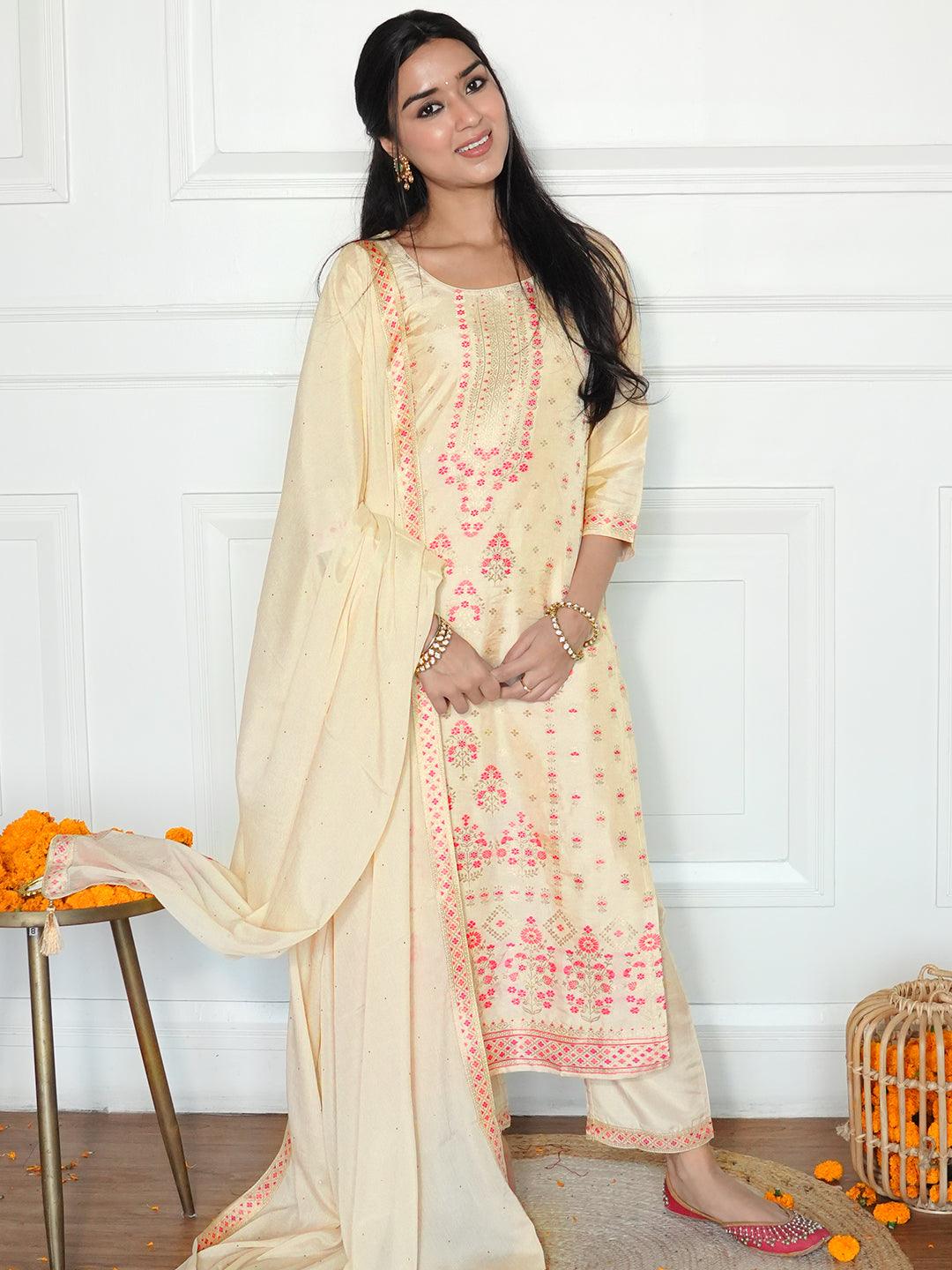 Ivory Woven Design Silk Blend Straight Suit With Dupatta