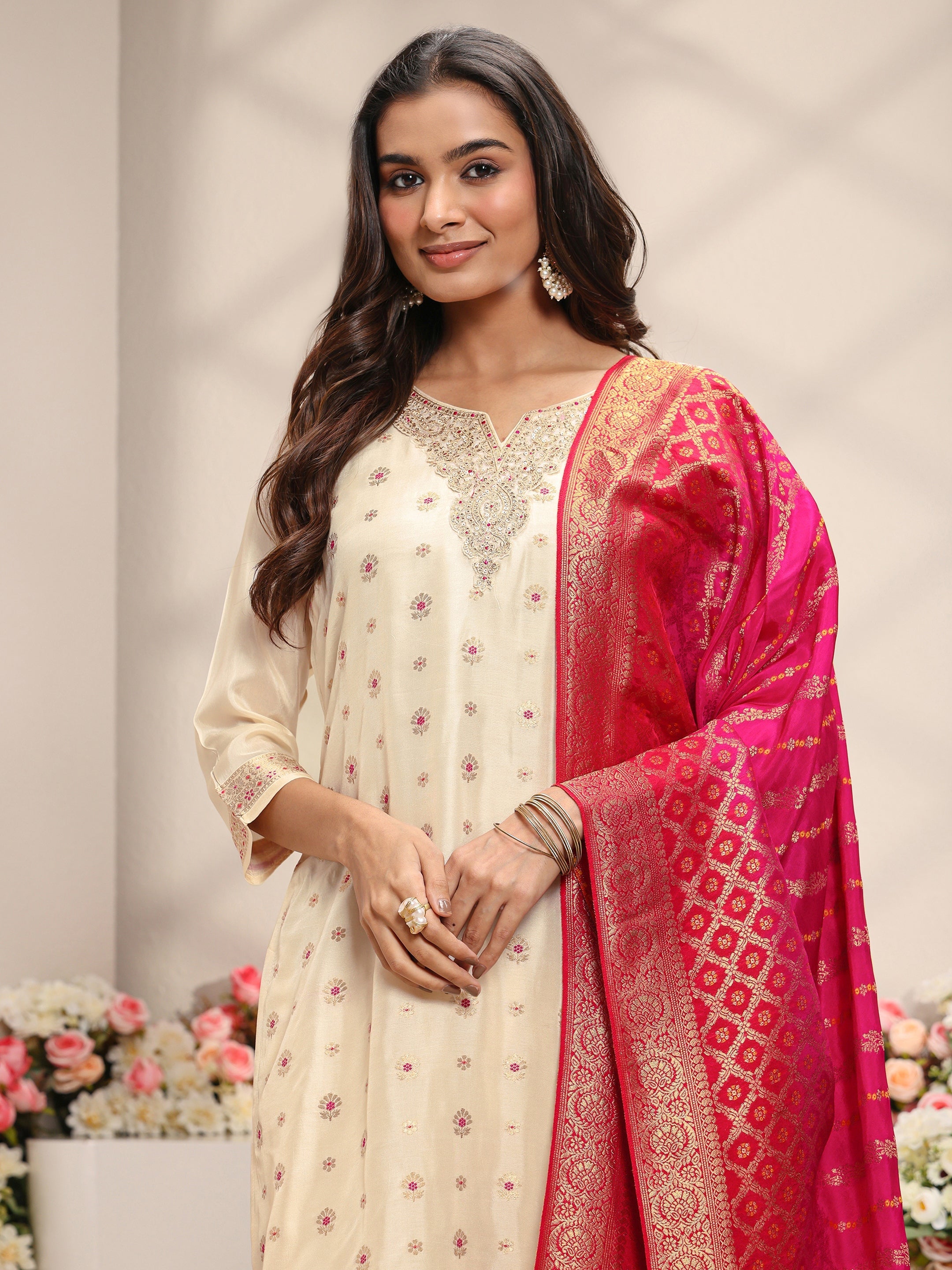 Ivory Woven Design Silk Blend Straight Suit Set With Dupatta-image-46