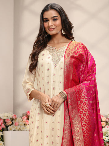 Ivory Woven Design Silk Blend Straight Suit Set With Dupatta