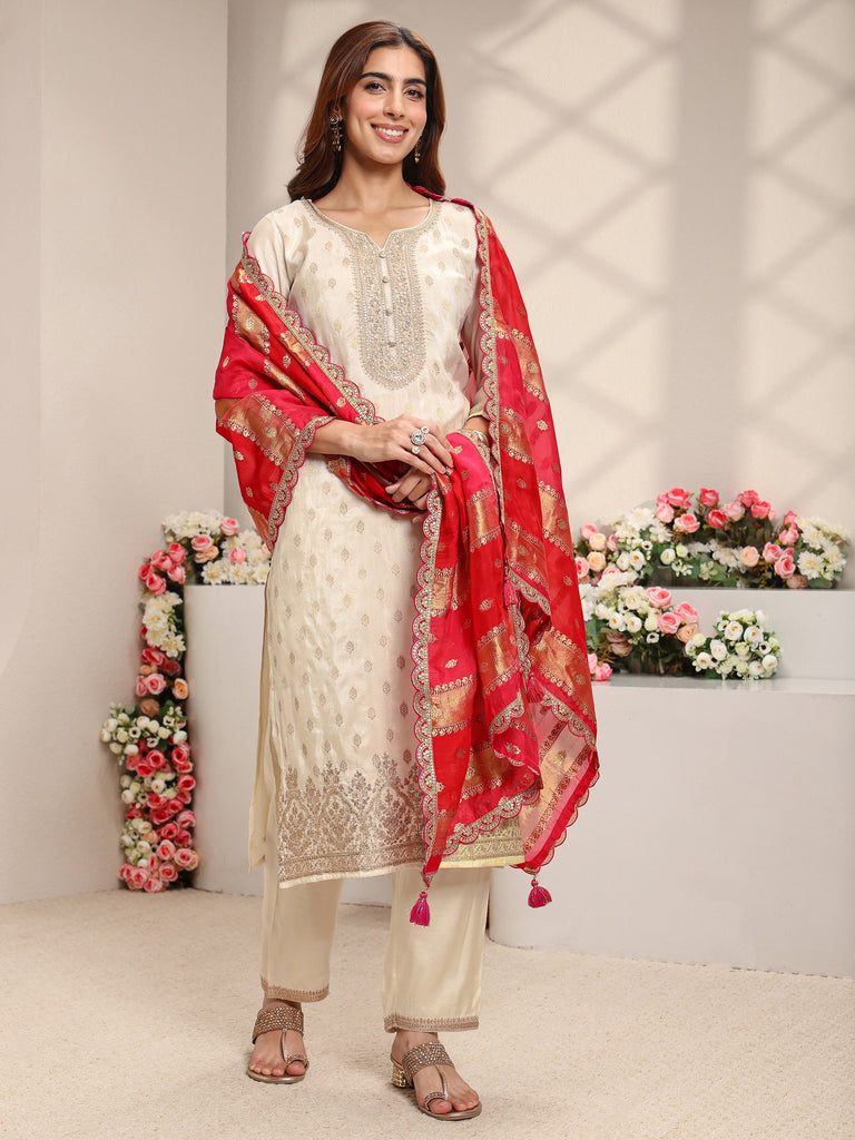 Libas Ivory Woven Design Silk Blend Straight Suit Set With Dupatta