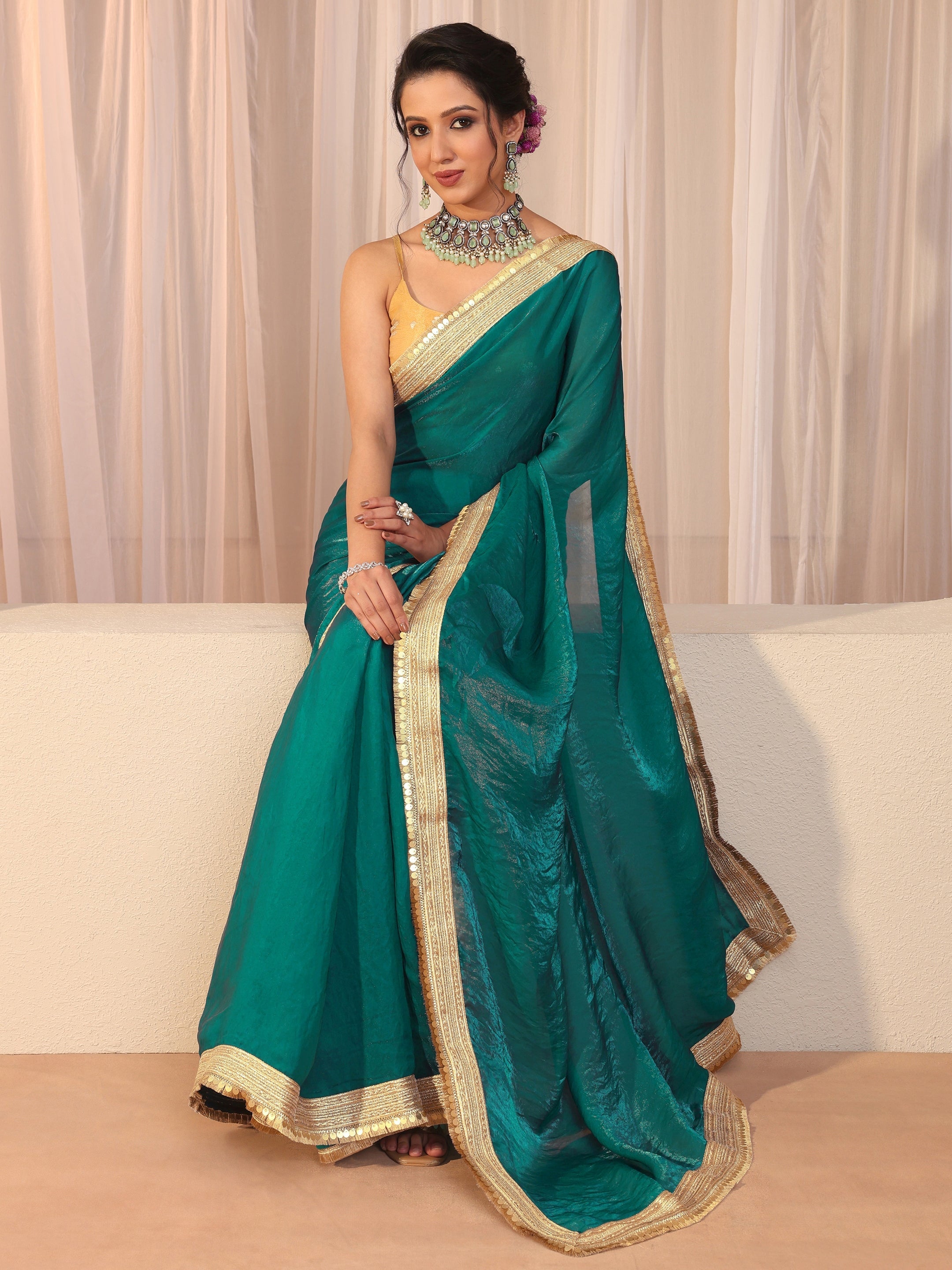 libas Kelly Green Tissue Saree With Embellished Border-picture-58