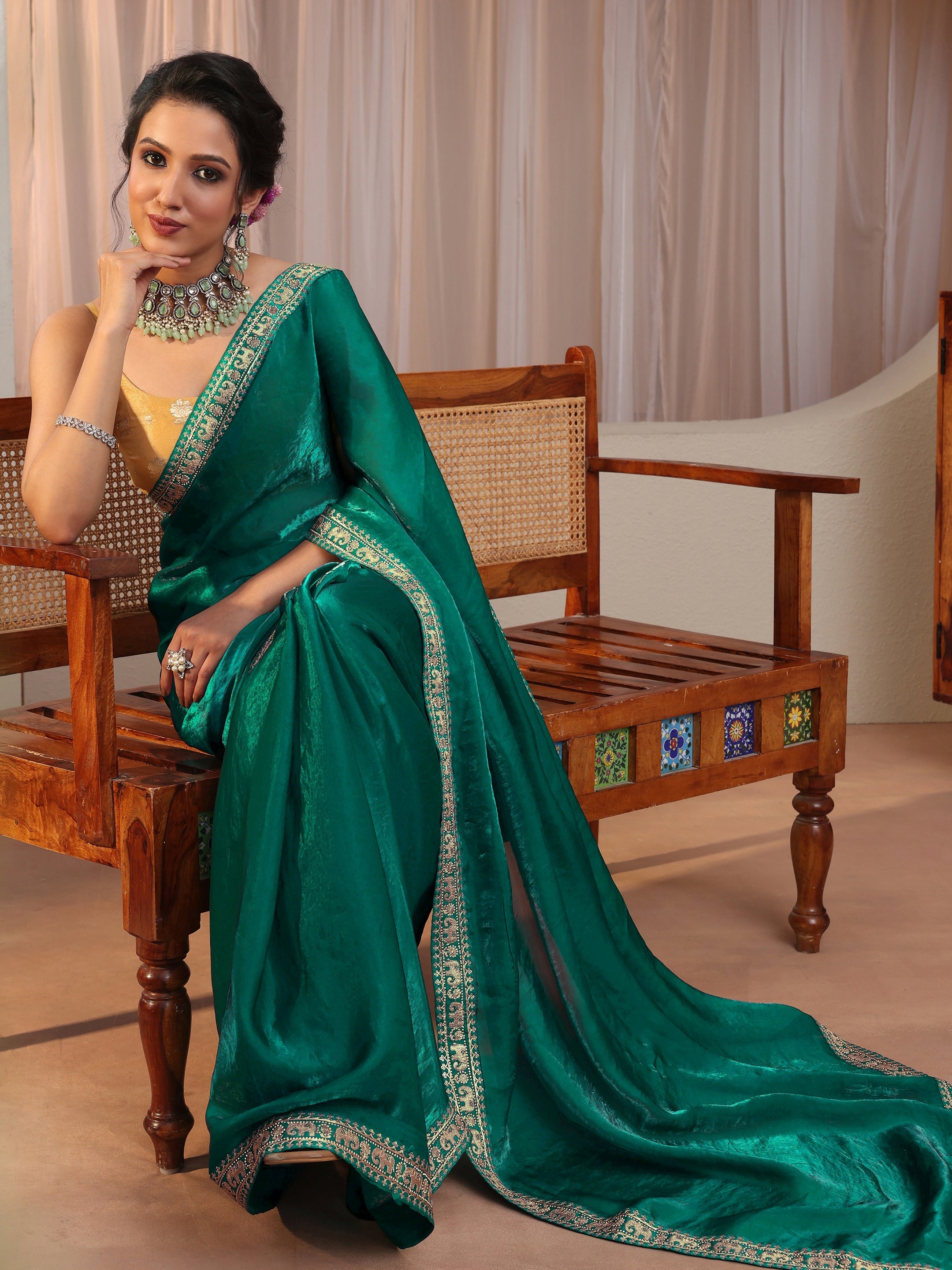 libas Kelly Green Tissue Saree With Embellished Border-picture-31