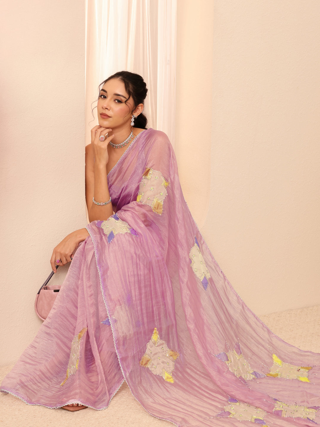  Lavender Applique Embellished Organza Saree 