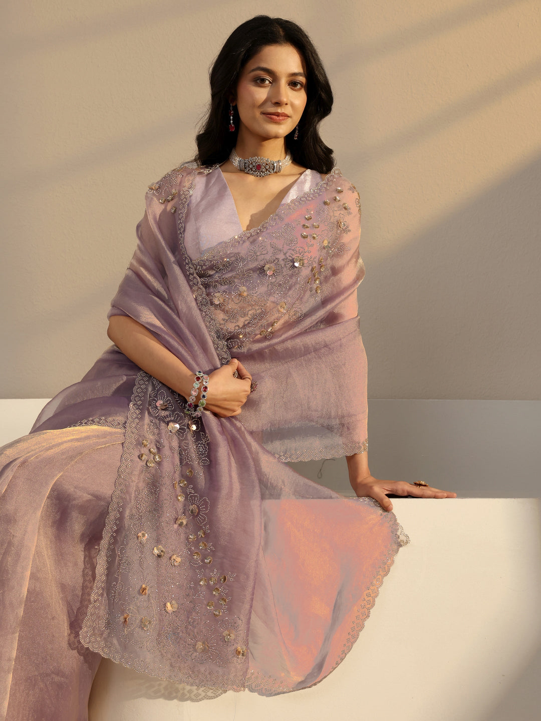 Lavender Embellished Organza Saree With Unstiched Blouse Piece