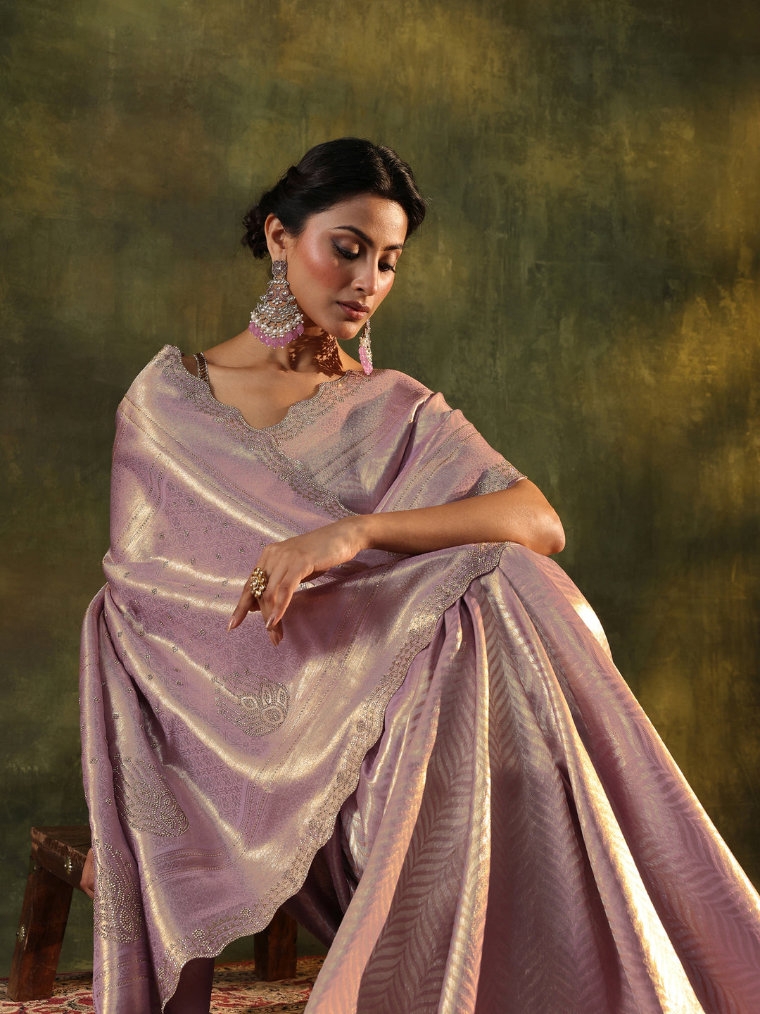  Lavender Embellished Silk Saree With Unstitched Blouse Piece 