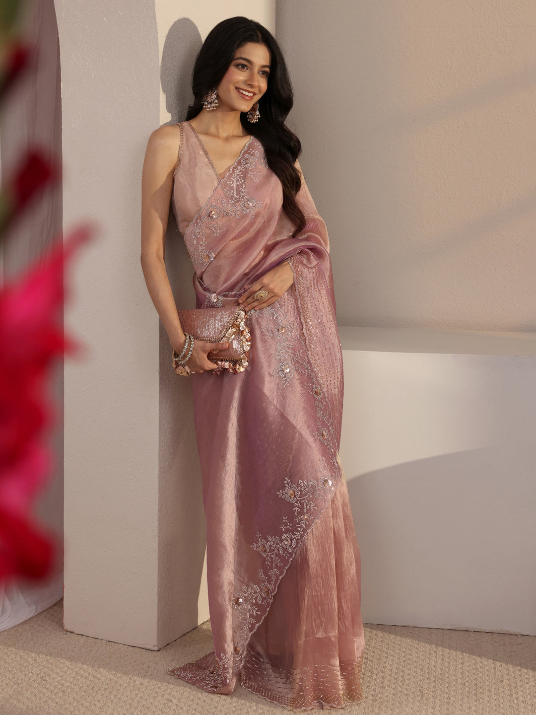  Libas Lavender Embellished Tissue Saree With Unstiched Blouse Piece 