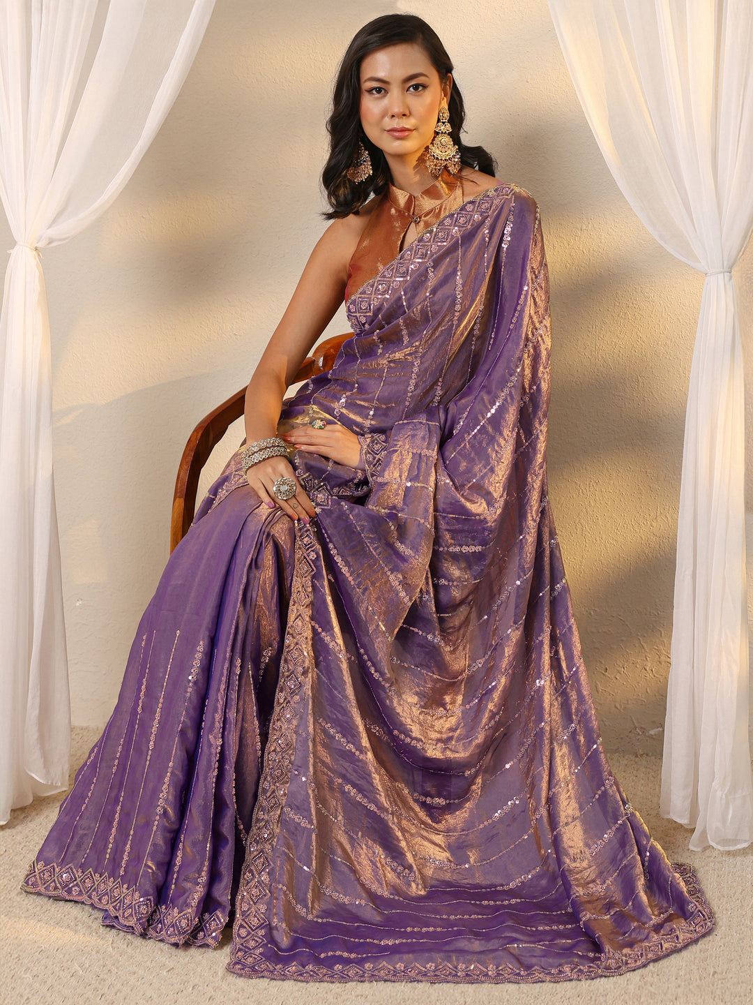  Lavender Embellished Tissue Saree With Unstitched Blouse Piece 