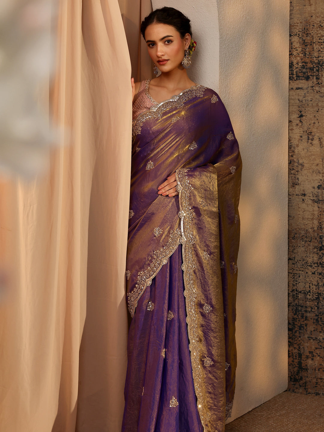 Libas Lavender Embellished Tissue Saree With Unstitched Blouse Piece 