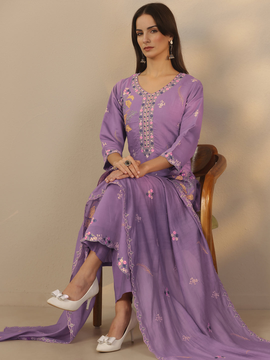 Lavender Embroidered Chanderi Cotton Straight Suit Set With Dupatta
