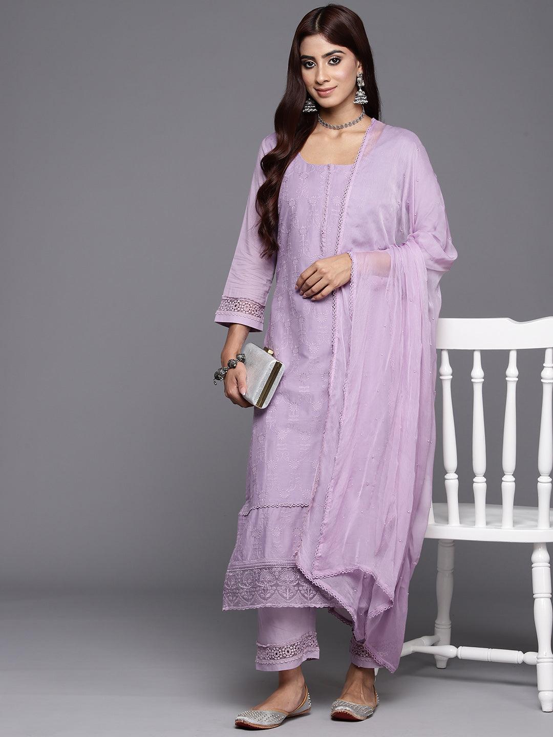 Lavender Embroidered Cotton Straight Kurta With Trousers & Dupatta - Libas