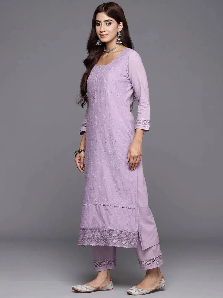 Lavender Embroidered Cotton Straight Kurta With Trousers & Dupatta - Libas