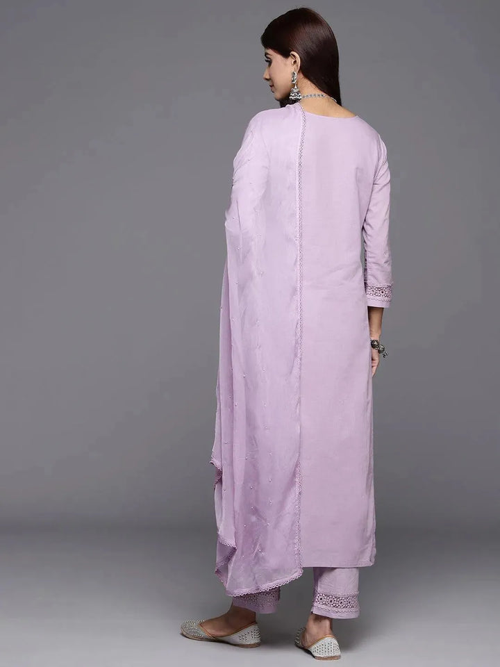 Lavender Embroidered Cotton Straight Kurta With Trousers & Dupatta - Libas