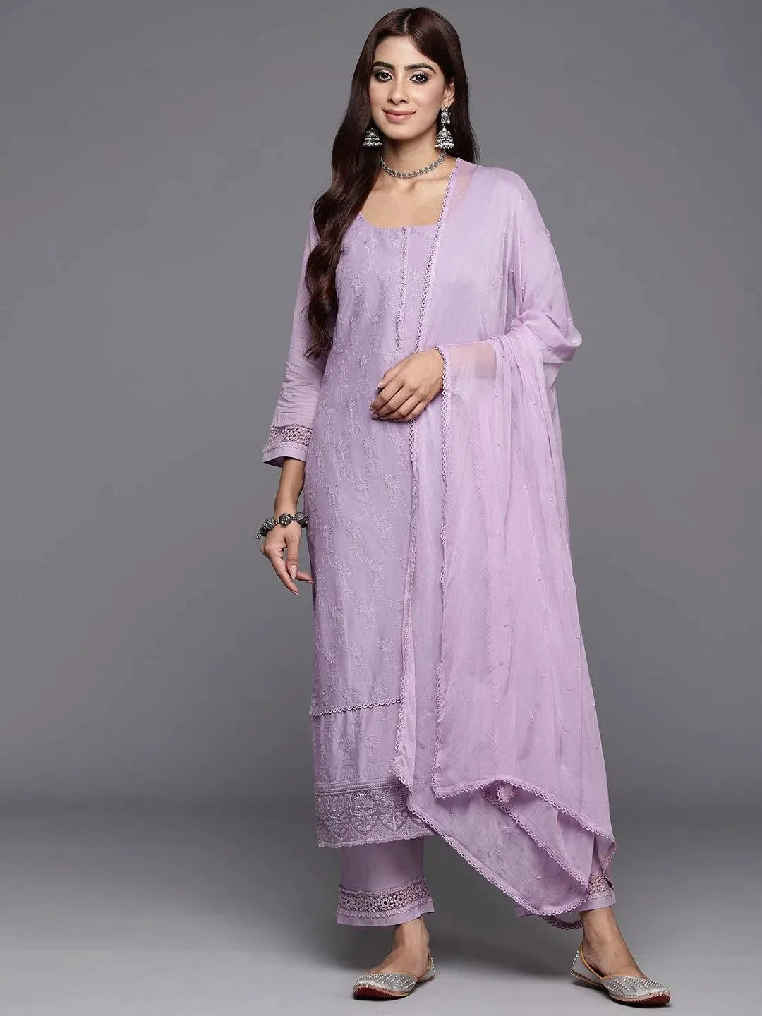 Lavender Embroidered Cotton Straight Kurta With Trousers & Dupatta - Libas 