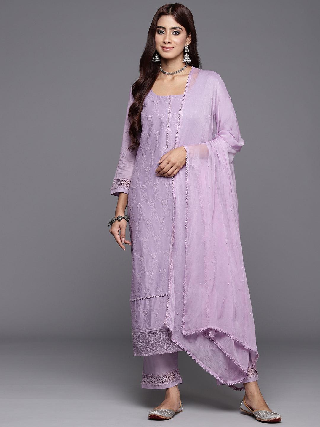 Lavender Embroidered Cotton Straight Kurta With Trousers & Dupatta - Libas