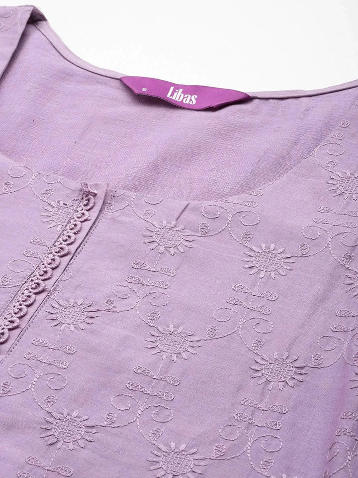 Lavender Embroidered Cotton Straight Kurta With Trousers & Dupatta - Libas