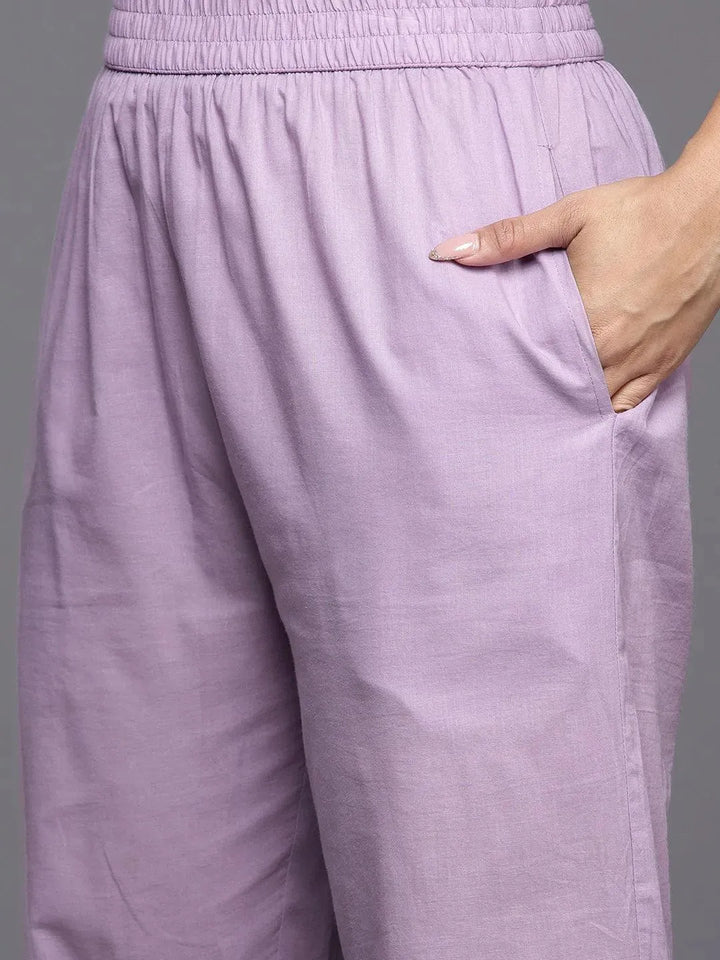 Lavender Embroidered Cotton Straight Kurta With Trousers & Dupatta - Libas