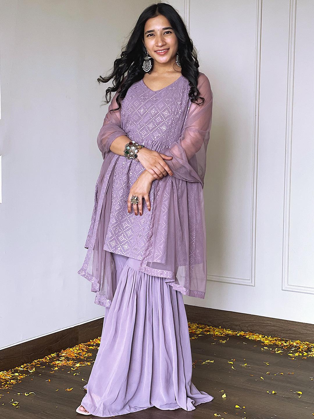 Lavender Embroidered Georgette A-Line Sharara Suit Set With Dupatta
