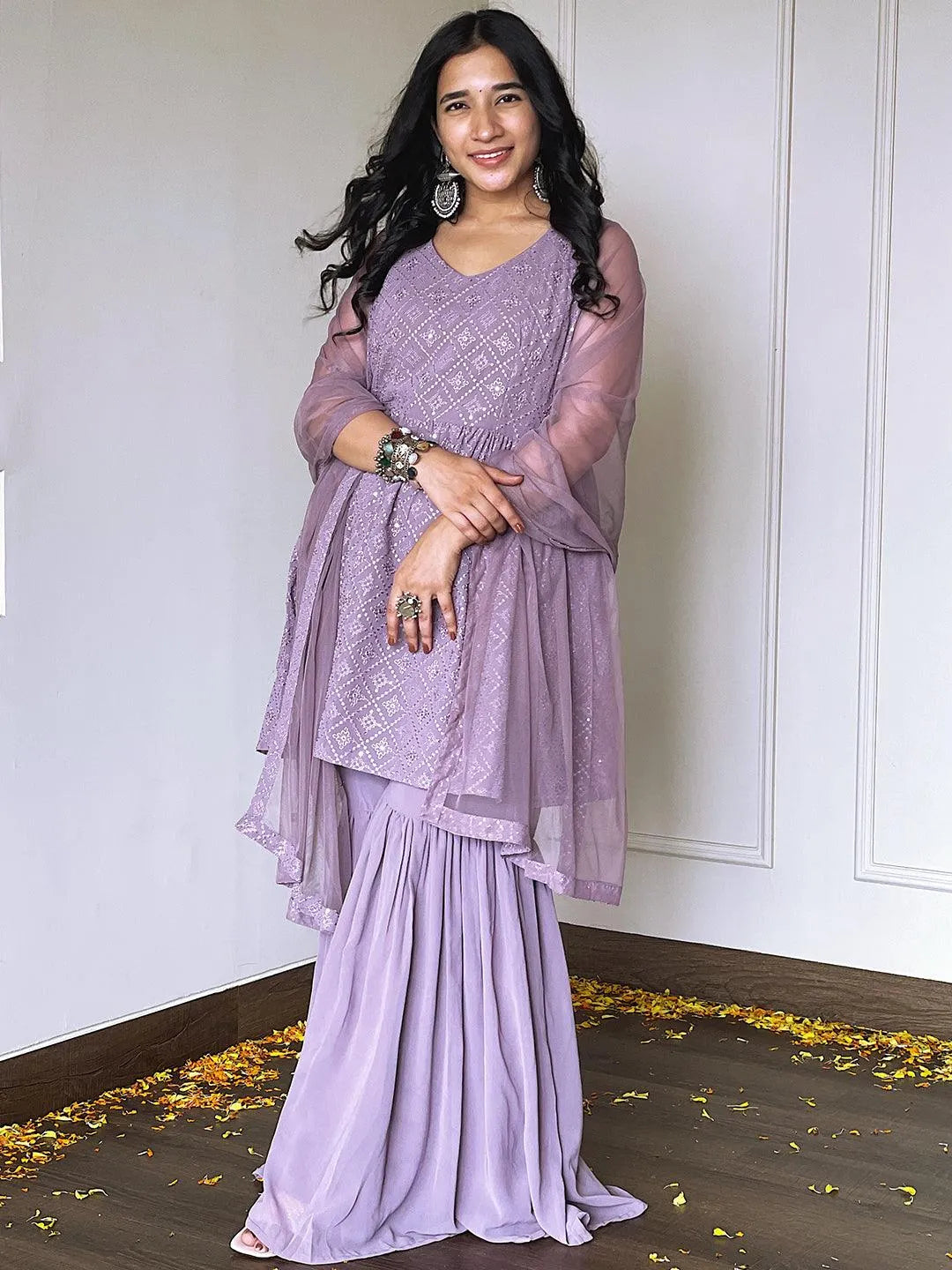 Lavender Embroidered Georgette A-Line Kurta With Sharara & Dupatta - Libas