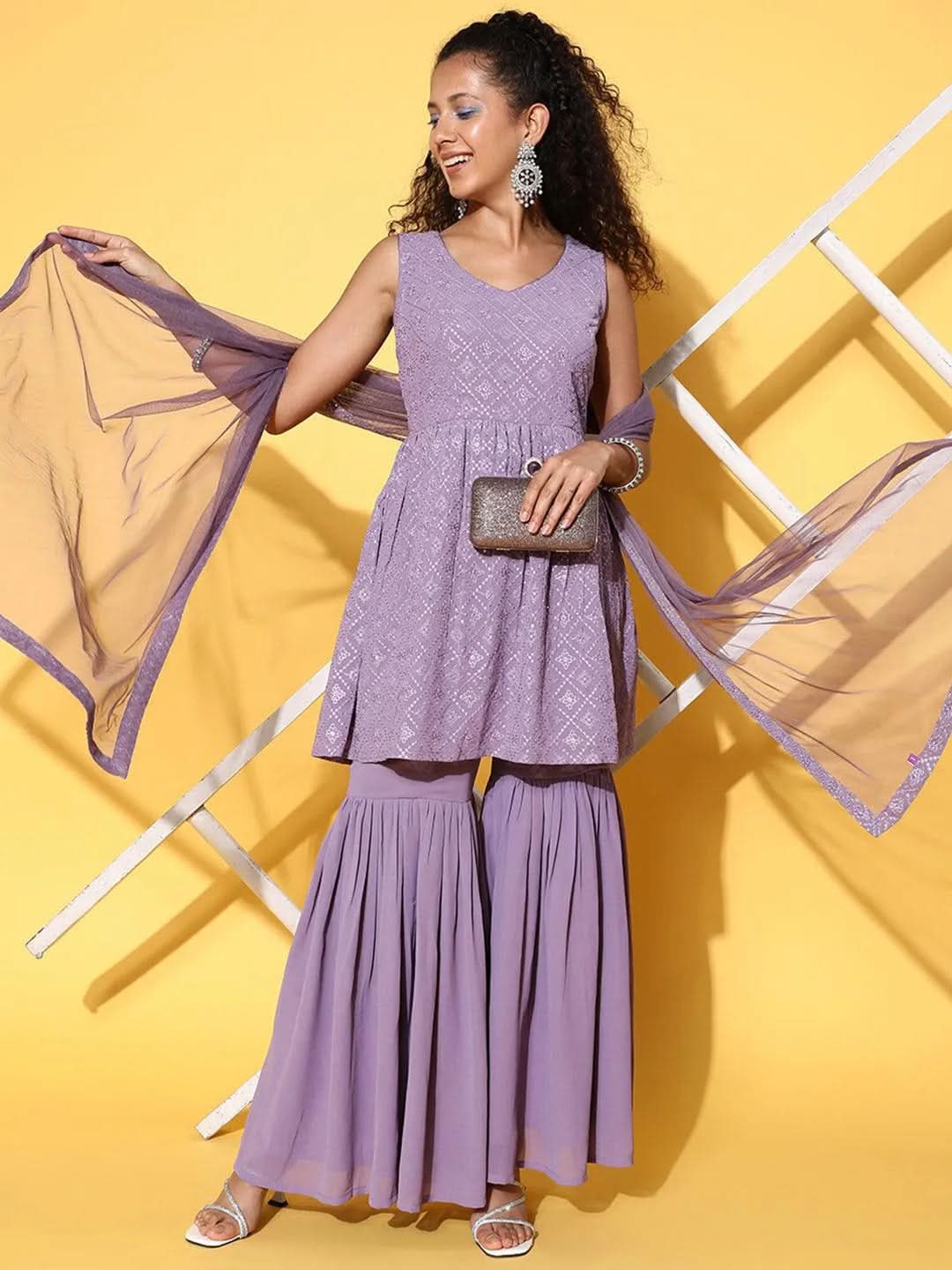 Women's Floral Straight Lavender Kurta