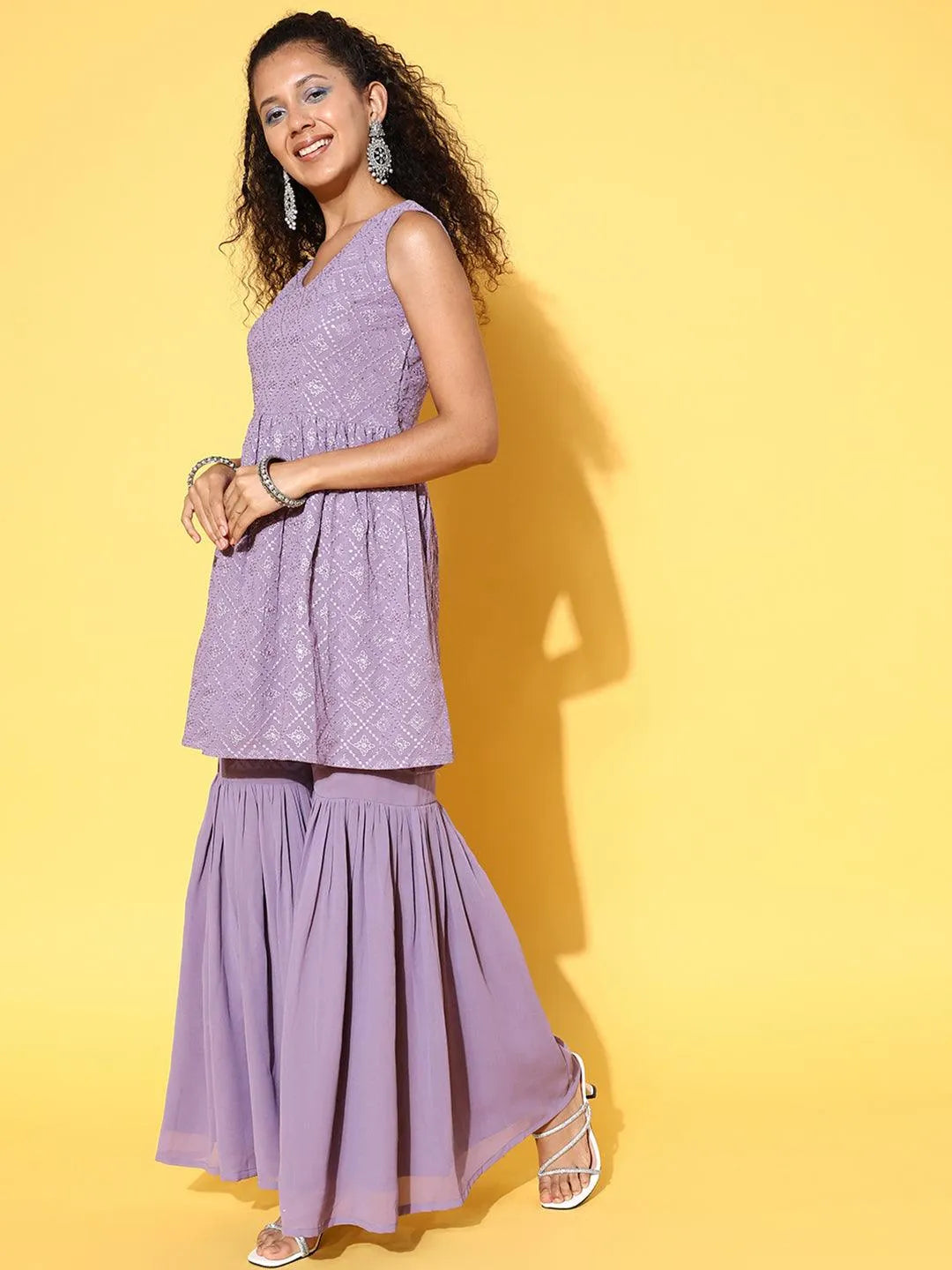 Lavender Embroidered Georgette A-Line Kurta With Sharara & Dupatta - Libas 