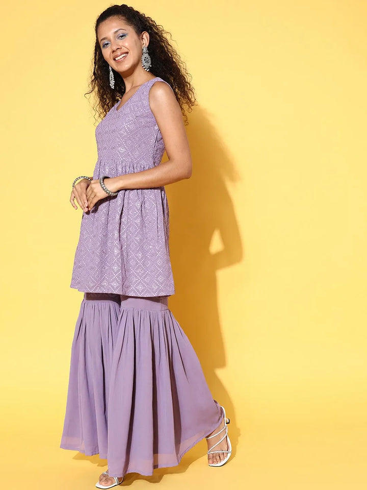 Lavender Embroidered Georgette A-Line Kurta With Sharara & Dupatta - Libas