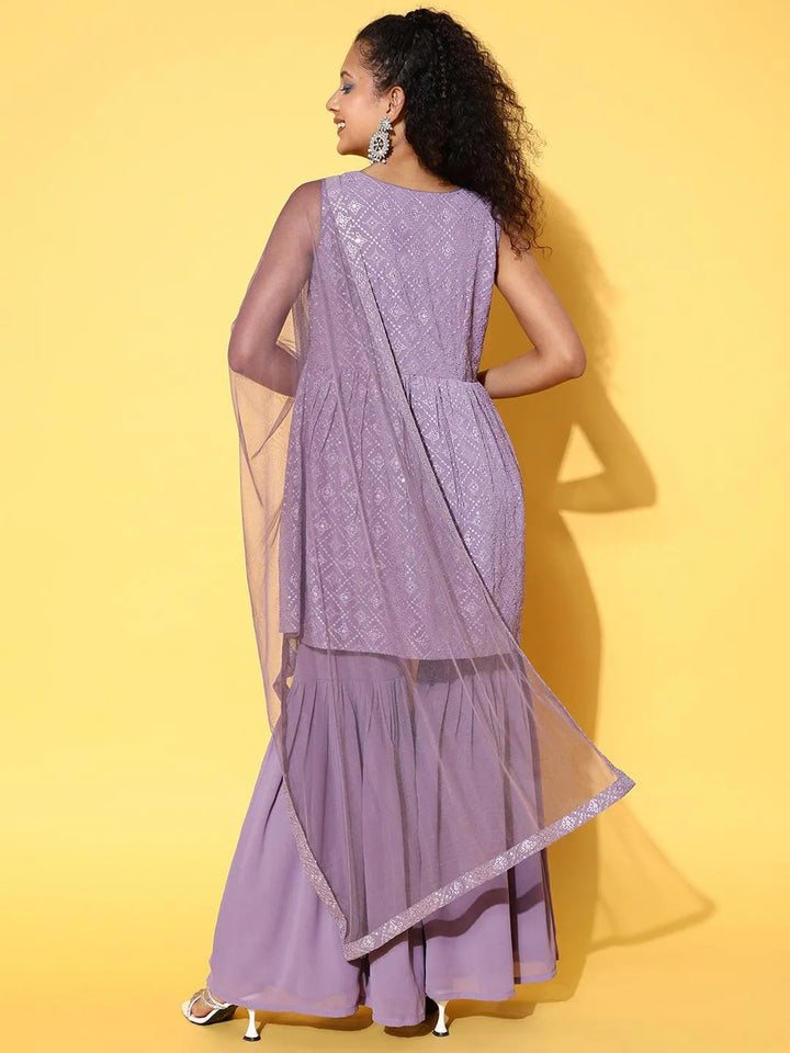 Lavender Embroidered Georgette A-Line Kurta With Sharara & Dupatta - Libas