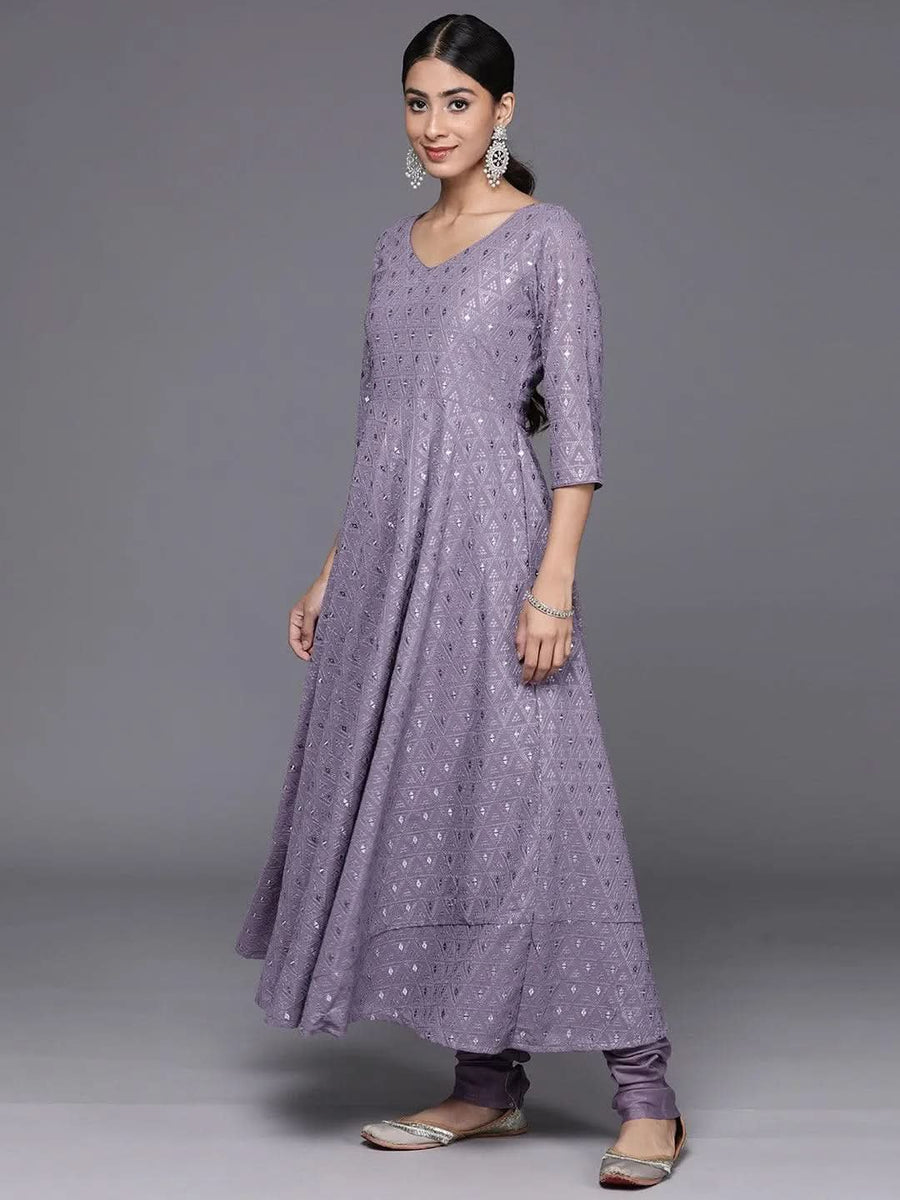 Handblock Printed Lavender Anarkali Cotton Kurta With Trousers & Dupatta