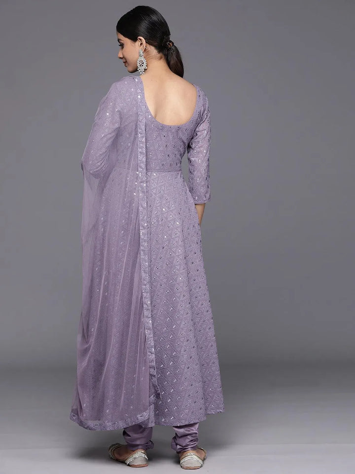 Lavender Embroidered Georgette Anarkali Kurta With Churidar & Dupatta - Libas