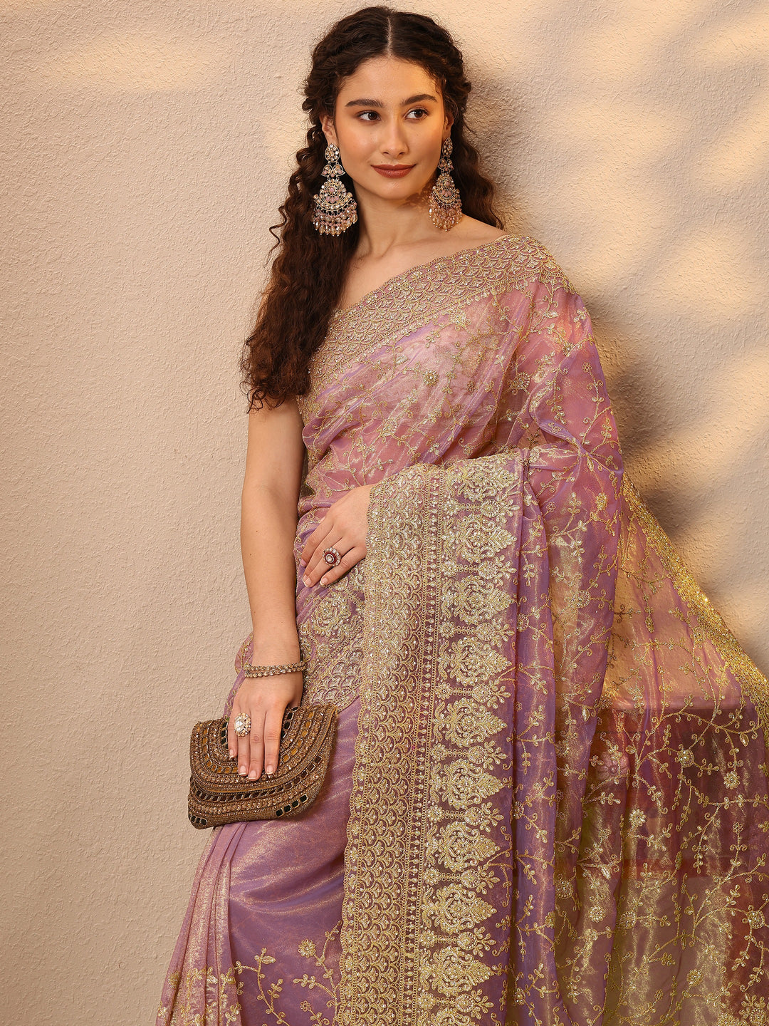 Lavender Embroidered Nylon Saree With Unstitched Blouse Piece