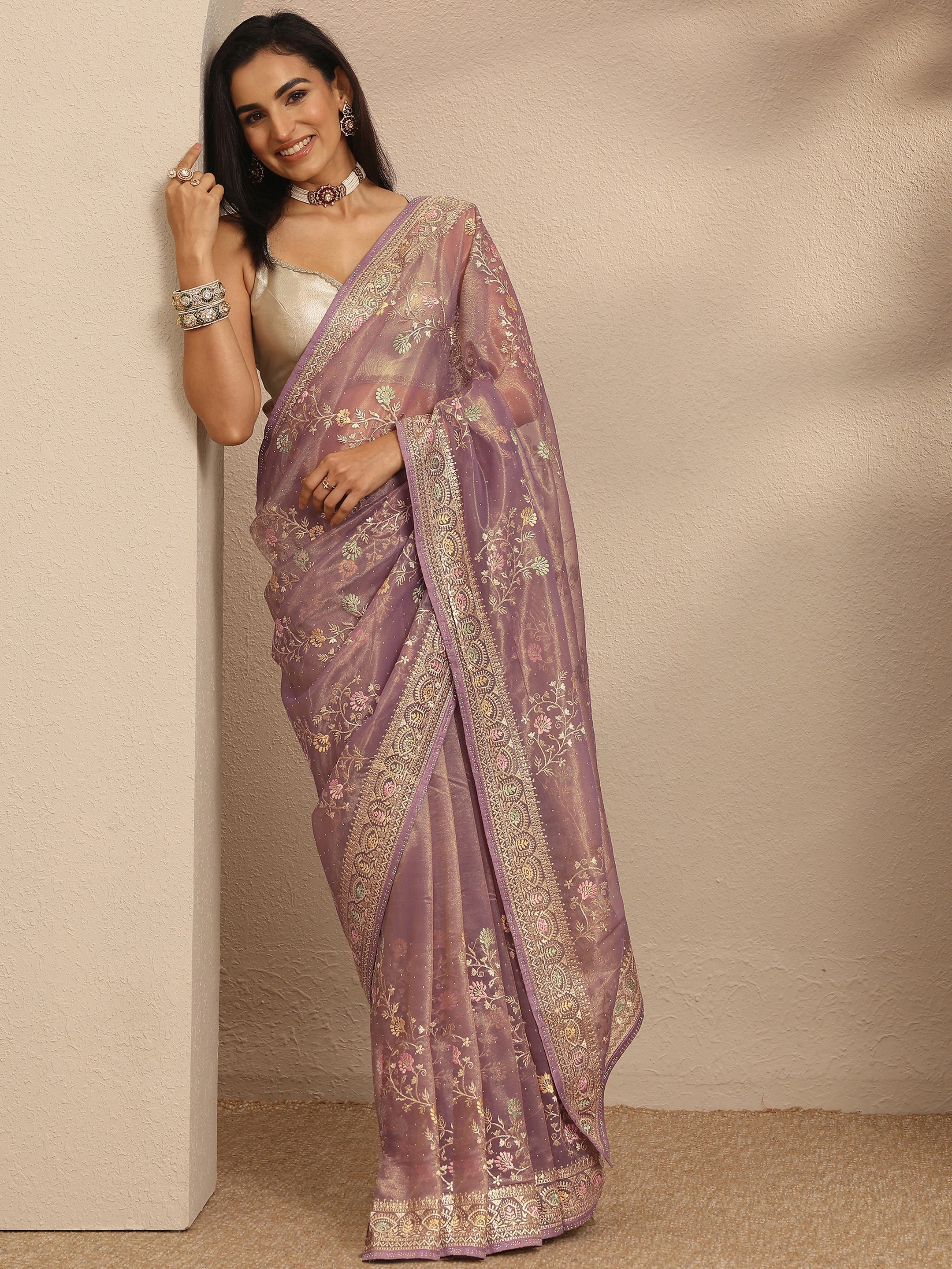 libas Lavender Embroidered Nylon Saree With Unstitched Blouse Piece-picture-36