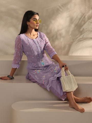 Lavender Embroidered Organza Kurta Set