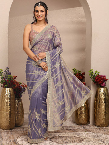 Lavender Embroidered Organza Saree With Unstitched Blouse Piece
