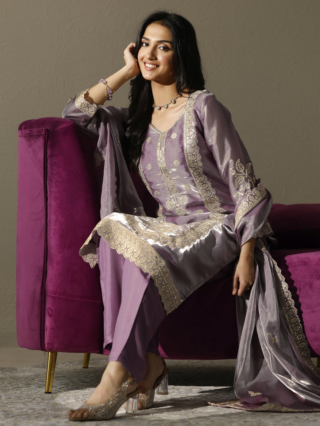 Lavender Embroidered Organza Straight Suit Set With Dupatta