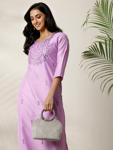 Lavender Embroidered Silk Blend Straight Kurta