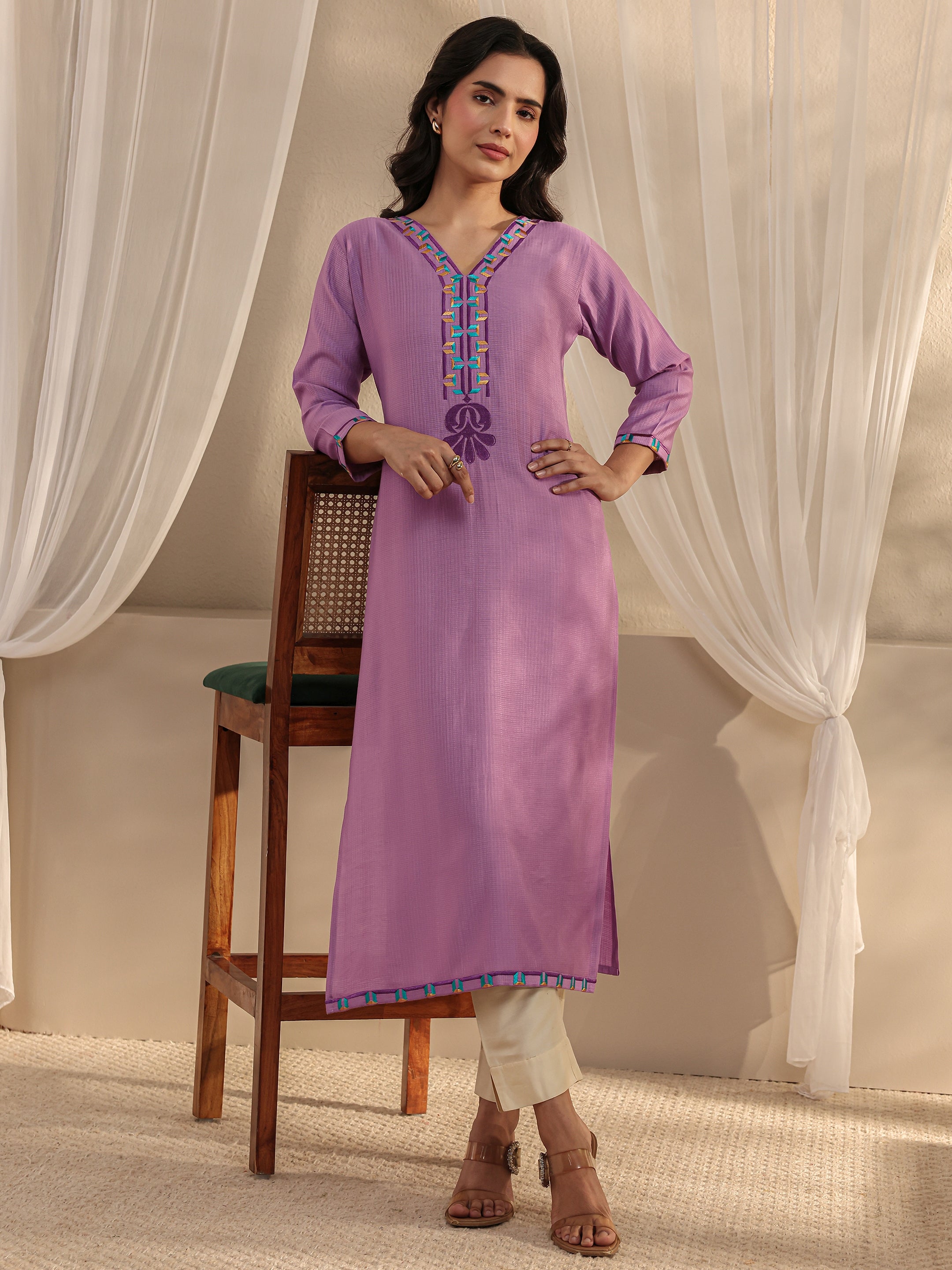 libas Lavender Embroidered Silk Blend Straight Kurta-picture-55