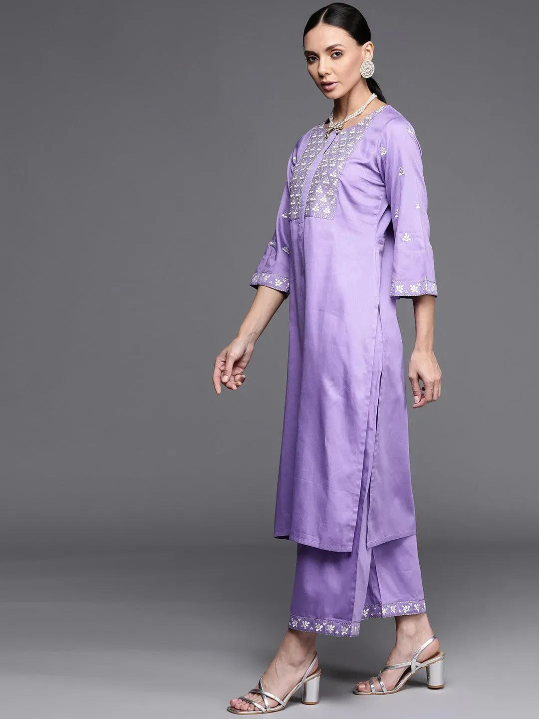 Lavender Embroidered Silk Blend Suit Set - Libas