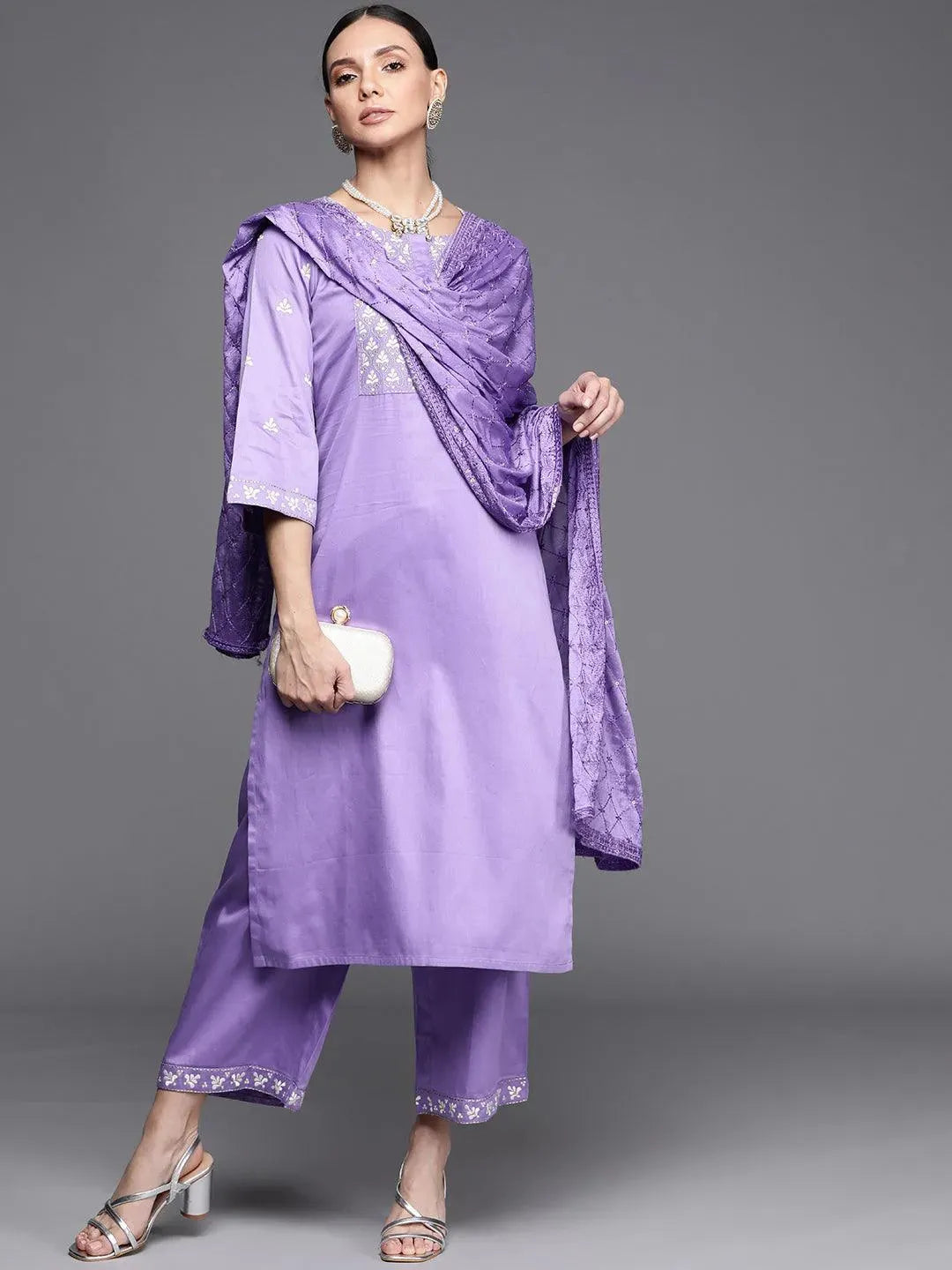 Lavender Embroidered Silk Blend Suit Set - Libas 