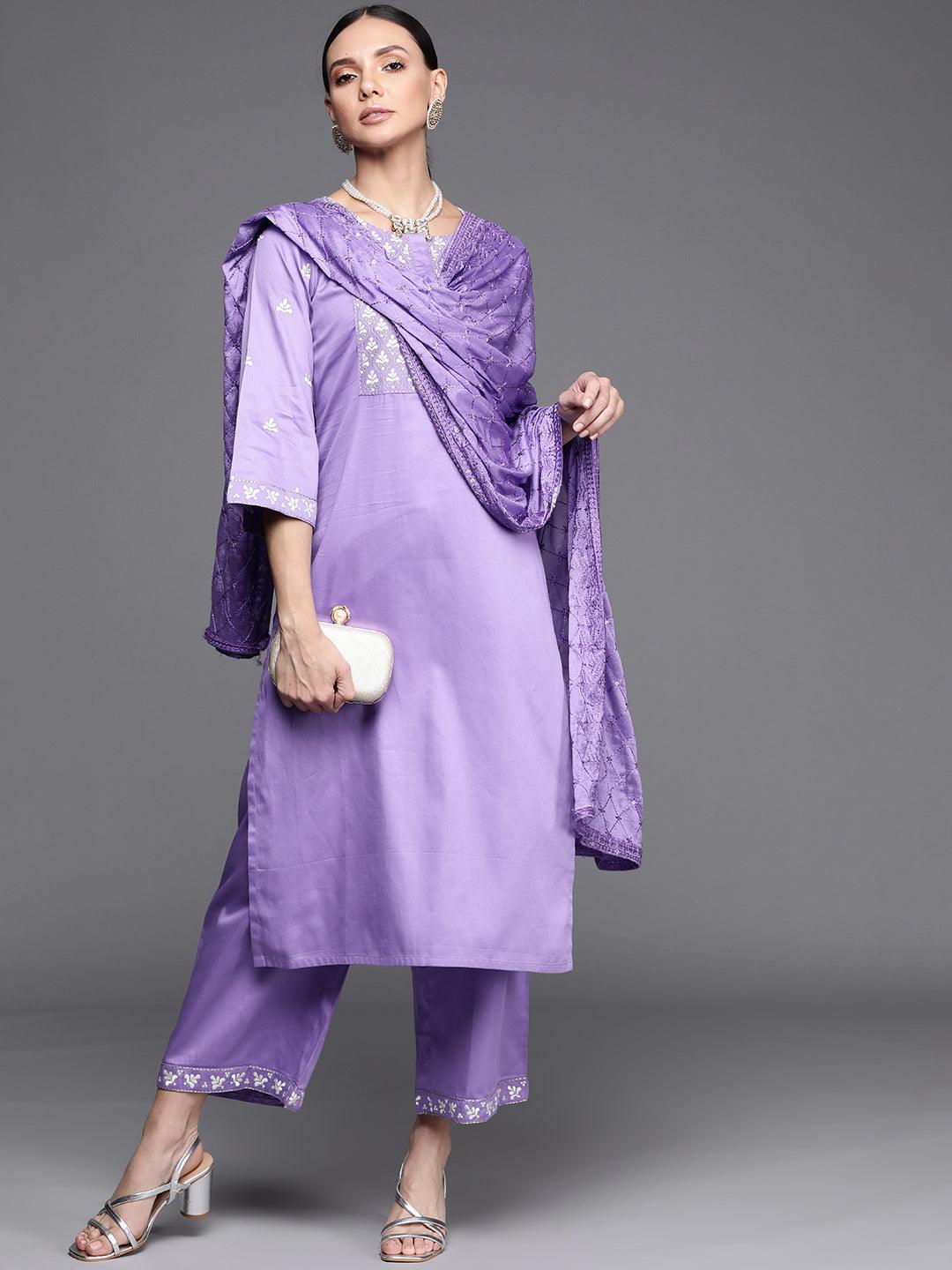 Lavender Embroidered Silk Blend Suit Set - Libas