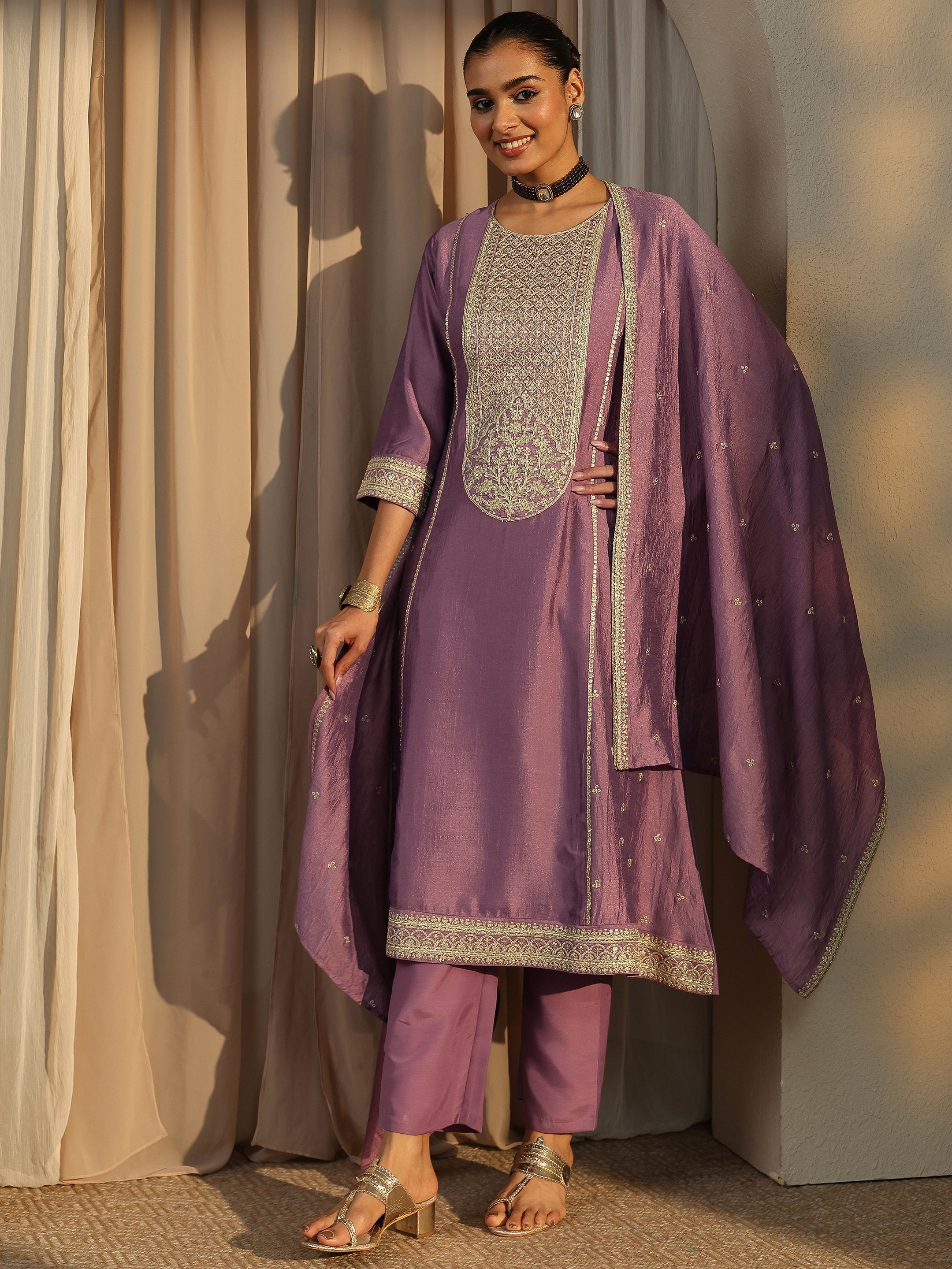 Lavender Embroidered Silk Blend Straight Suit Set With Dupatta-image-35
