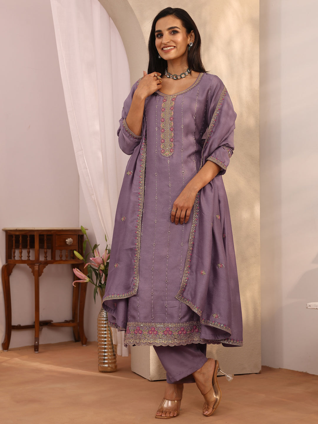 Lavender Embroidered Silk Blend Straight Suit Set With Dupatta