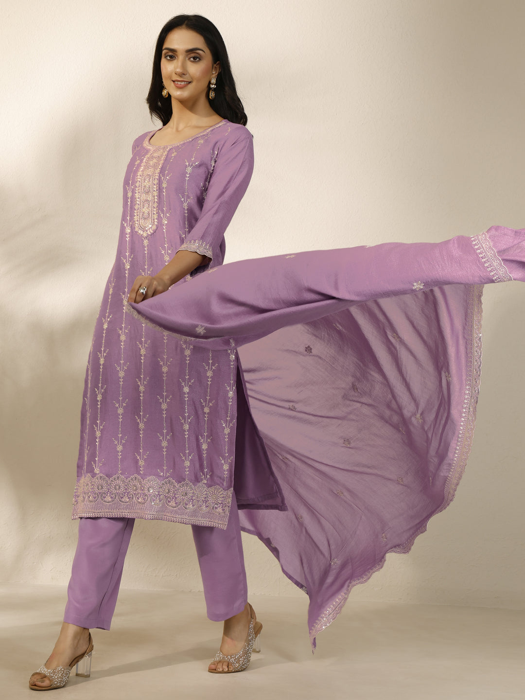Lavender Embroidered Silk Blend Straight Suit Set With Dupatta