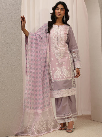 Lavender Ethnic Embroidered Cotton Straight Suit Set With Dupatta