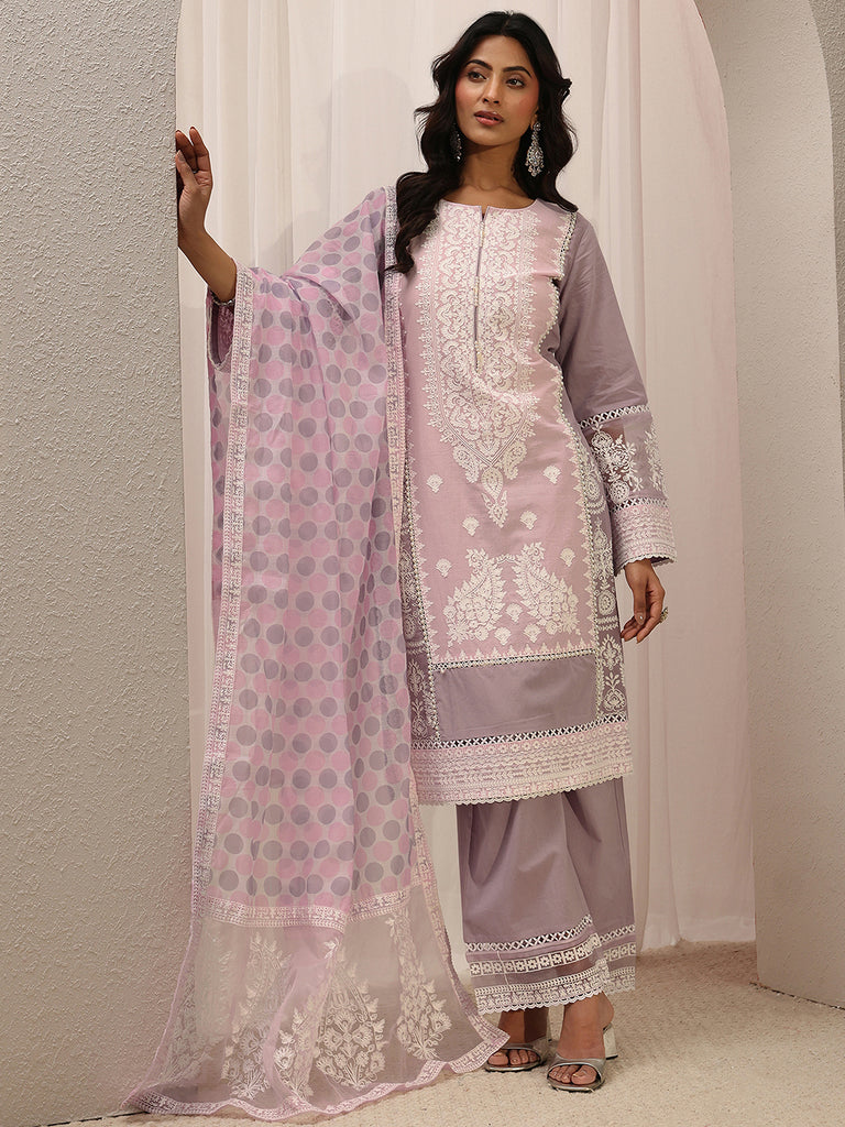 Libas Lavender Ethnic Embroidered Cotton Straight Suit Set With Dupatta