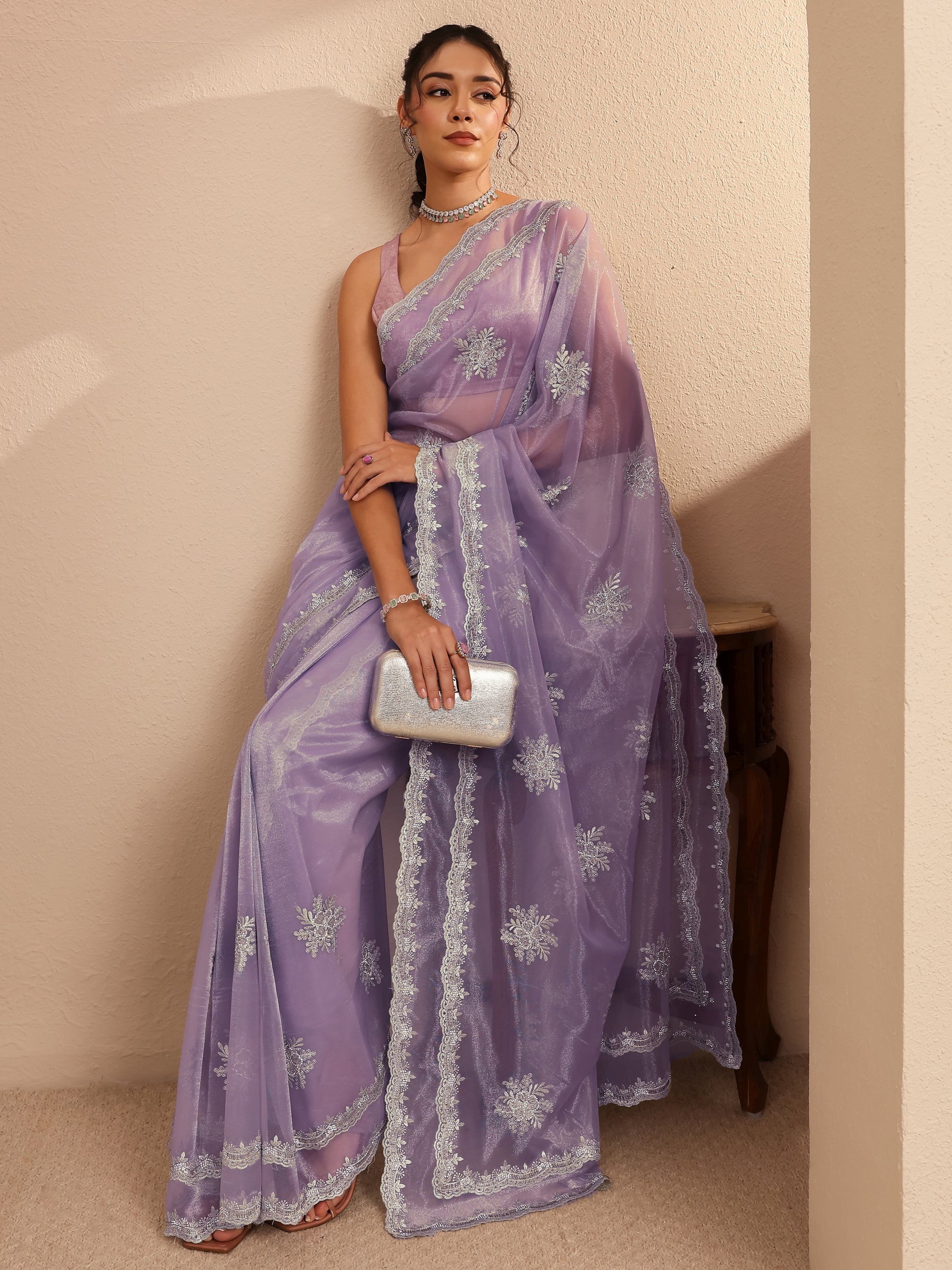Libas Lavender Floral Embellished Net Saree-picture-46
