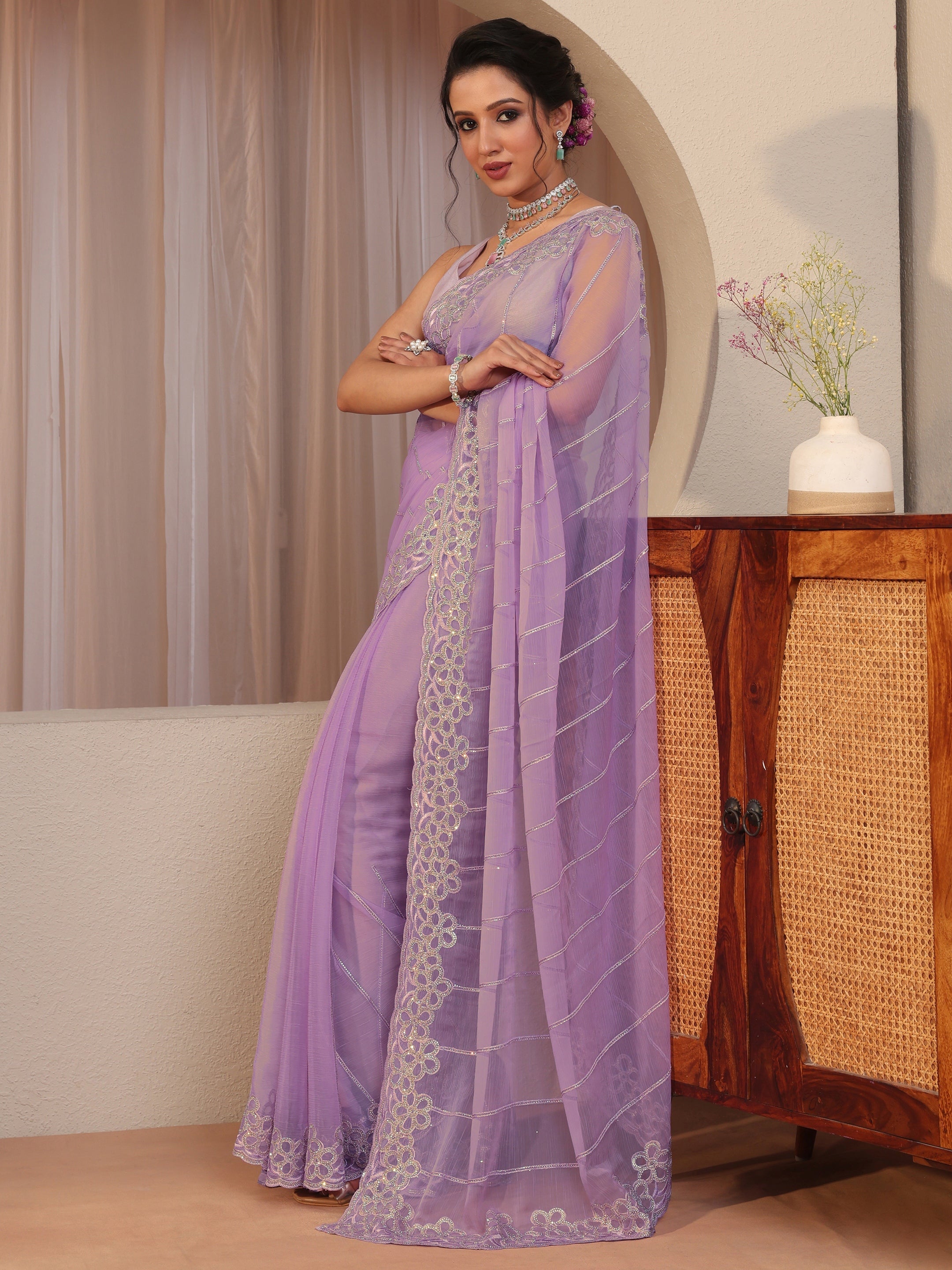 libas Lavender Floral Embellished Organza Saree-picture-68