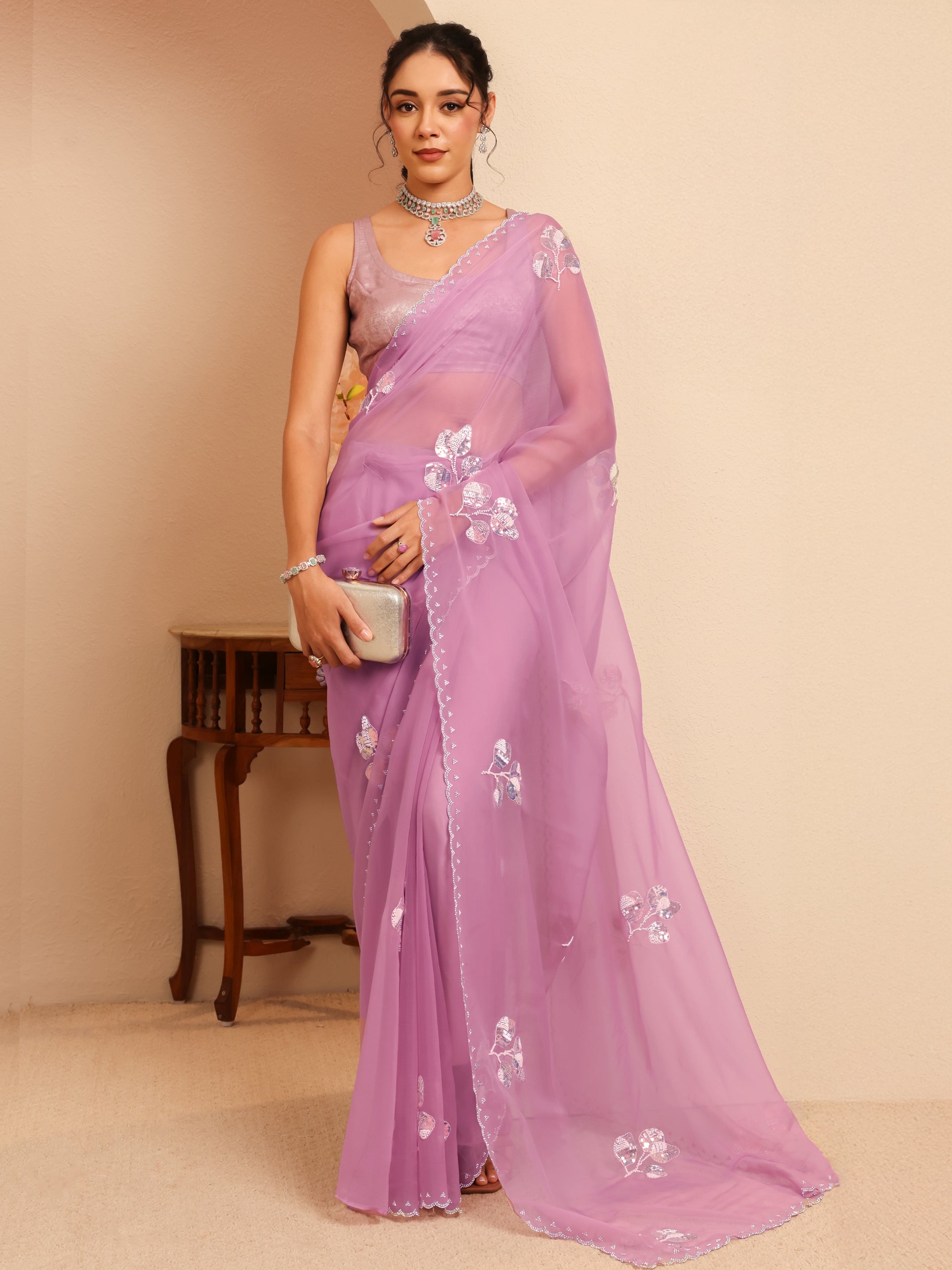 libas Lavender Floral Embellished Tissue Saree-picture-53