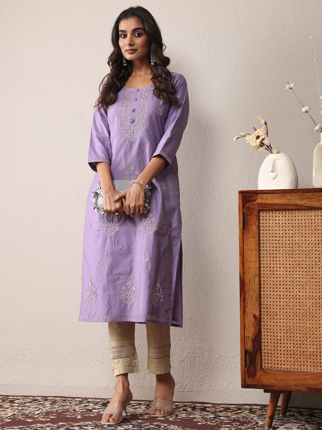  Lavender Floral Embroidered Chanderi Silk Straight Kurta 