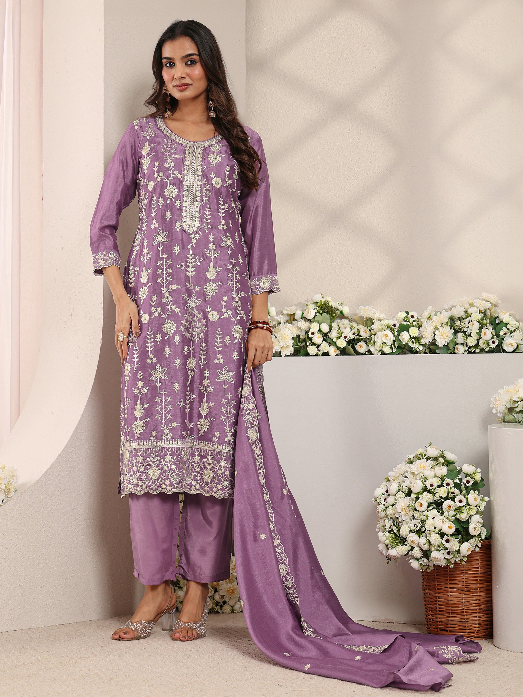 libas Lavender Floral Embroidered Silk Blend Straight Suit Set With Dupatta-picture-16