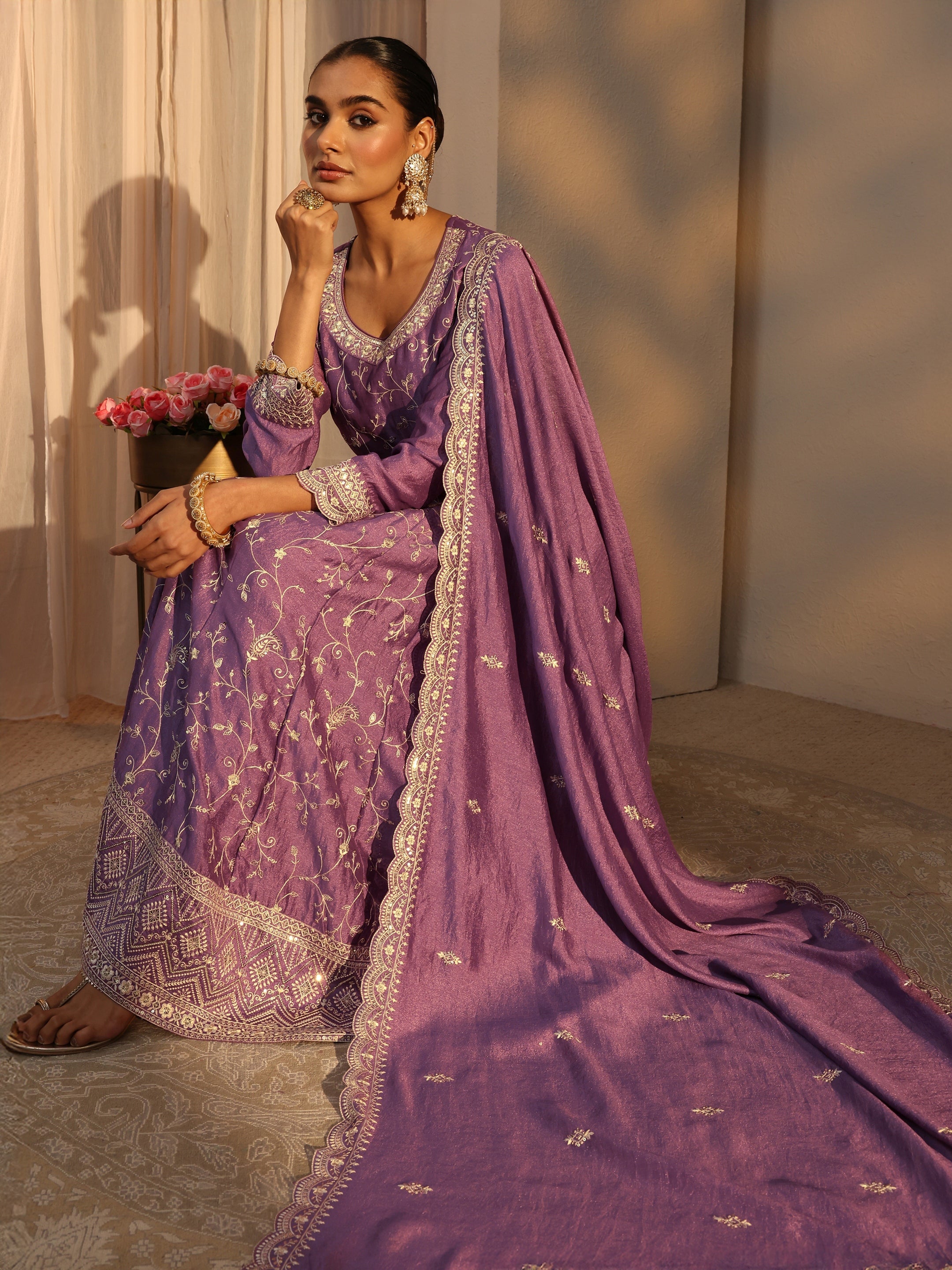 libas Lavender Floral Embroidered Silk Blend Straight Suit Set With Dupatta-picture-18
